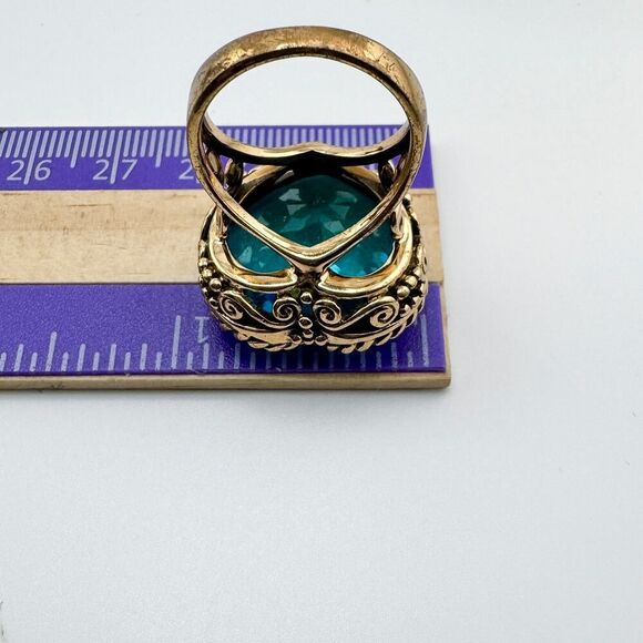 Vintage Sajen Bronze Filigree Heart Ring Dream Blue CZ Retro Glam Modern Chunky - Picture 14 of 14